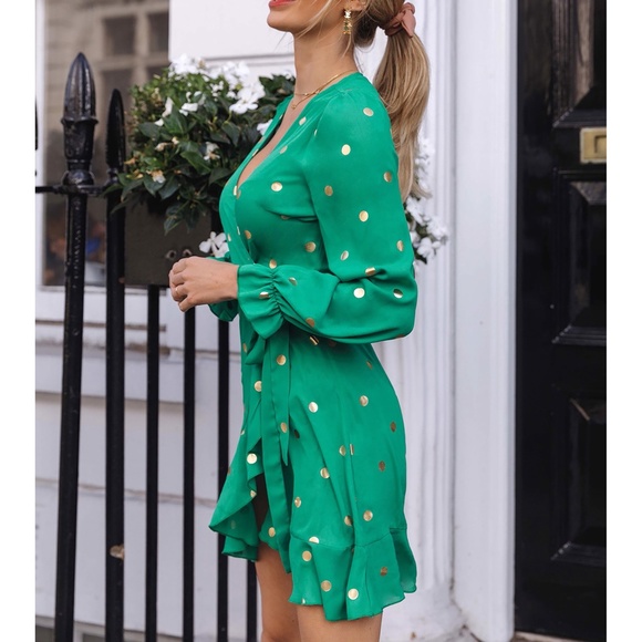 Green Gold Polka Dot Ruffle Wrap Mini Dress - Picture 3 of 6